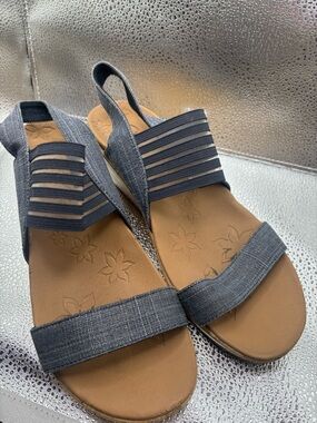 Skechers Beverlee Smitten Kitten Blue Wedge Slingback Sandals Womens 8 Comfort